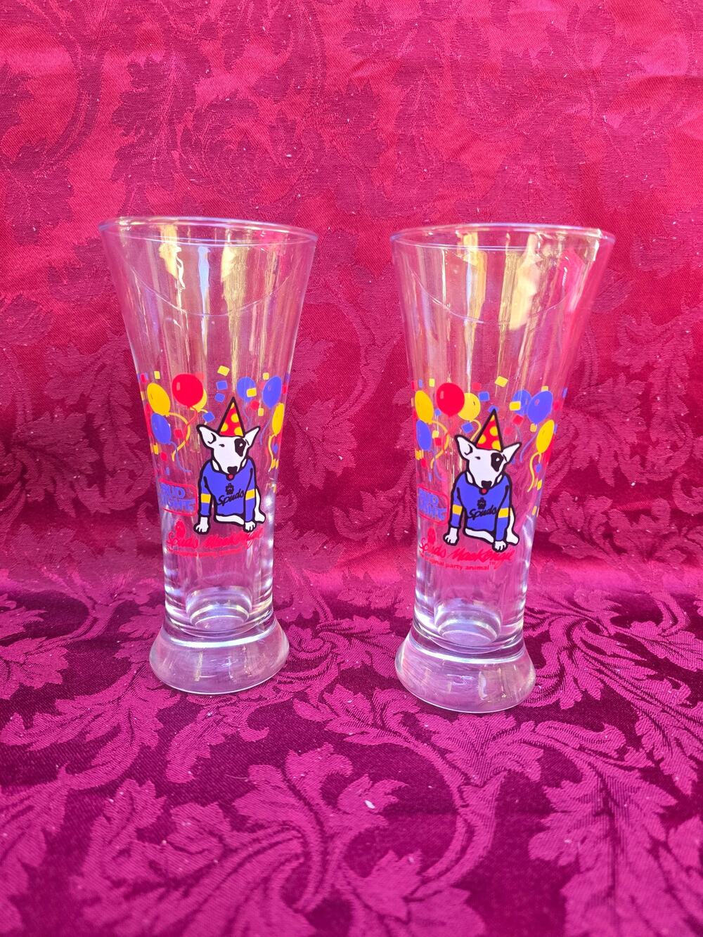 1980s Spuds MacKenzie Bud Light Pilsner Beer Glass Set of 2 Pedestal Flutes